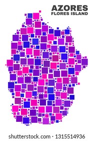 Mosaic Flores Island of Azores map isolated on a white background. Vector geographic abstraction in pink and violet colors. Mosaic of Flores Island of Azores map combined of random square items.