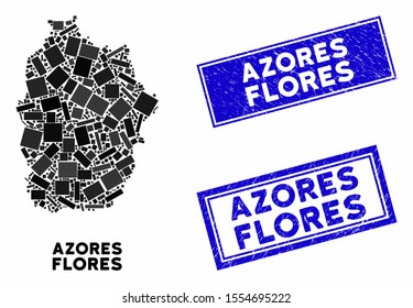 Mosaic Flores Island of Azores map and rectangle watermarks. Flat vector Flores Island of Azores map mosaic of randomized rotated rectangle items. Blue caption seals with dirty surface.