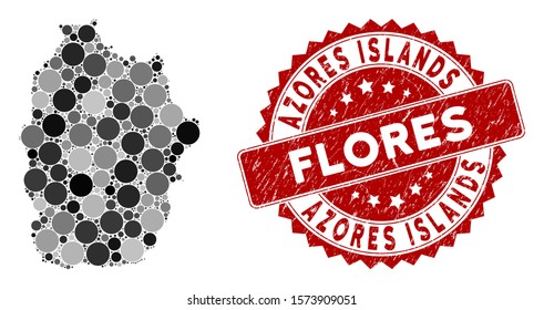 Mosaic Flores Island of Azores map and round seal stamp. Flat vector Flores Island of Azores map mosaic of scattered round items. Red seal stamp with dirty design.