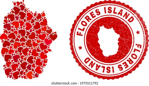 Mosaic Flores Island of Azores map created from red love hearts, and rubber seal. Vector lovely round red rubber seal imitation with Flores Island of Azores map inside.