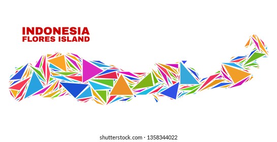 Mosaic Flores Island of Indonesia map of triangles in bright colors isolated on a white background. Triangular collage in shape of Flores Island of Indonesia map.