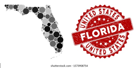 Mosaic Florida map and circle seal. Flat vector Florida map mosaic of random circle elements. Red rubber stamp with rubber texture. Designed for political and patriotic doctrines.