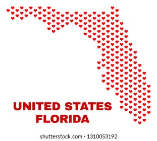 Mosaic Florida State map of heart hearts in red color isolated on a white background. Regular red heart pattern in shape of Florida State map. Abstract design for Valentine illustrations.