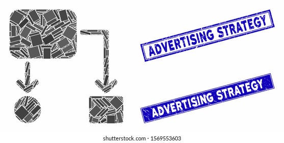Mosaic flow chart pictogram and rectangular seal stamps. Flat vector flow chart mosaic pictogram of scattered rotated rectangular elements. Blue caption seals with scratched textures.