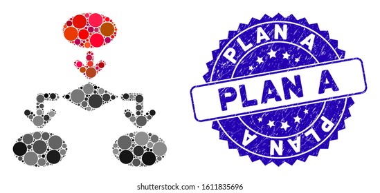Mosaic flowchart icon and grunge stamp seal with Plan A phrase. Mosaic vector is created with flowchart icon and with random round elements. Plan A stamp seal uses blue color, and grunge surface.