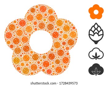 Flor mosaica compuesta de elementos de coronavirus de diferentes tamaños y colores. Los iconos de infección vectorial se componen en un icono de flor de collage abstracto. Se añaden algunos iconos adicionales.