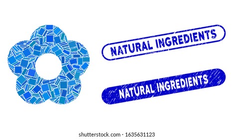 Mosaic flower and corroded stamp seals with Natural Ingredients caption. Mosaic vector flower is designed with randomized rectangle items. Natural Ingredients seals use blue color,