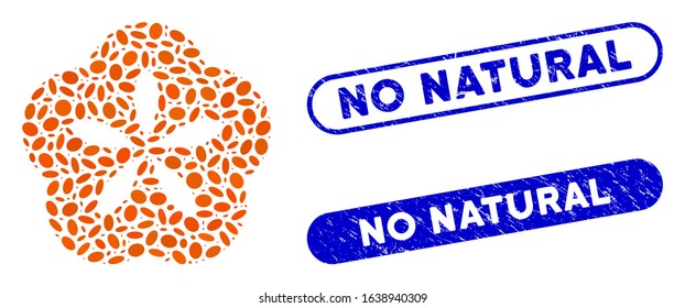 Mosaic flower and grunge stamp seals with No Natural caption. Mosaic vector flower is designed with random elliptic elements. No Natural stamp seals use blue color, and have round rectangle shape.