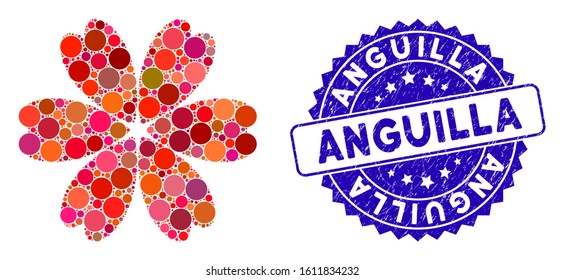 Mosaic flower icon and corroded stamp seal with Anguilla text. Mosaic vector is composed with flower icon and with randomized circle elements. Anguilla stamp seal uses blue color, and grunged surface.