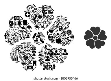 Mosaic flower of medical symbols and basic icon. Mosaic vector flower is composed of healthcare symbols. Flat design elements for pharmacy illustrations. Illustration is based on flower pictogram.