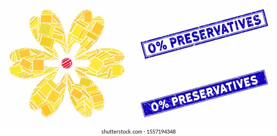 Mosaic flower pictogram and rectangular seal stamps. Flat vector flower mosaic pictogram of randomized rotated rectangular elements. Blue caption rubber stamps with rubber textures.
