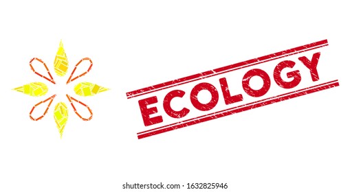 Mosaic flower pictogram and red Ecology watermark between double parallel lines. Flat vector flower mosaic pictogram of randomized rotated rectangular elements.