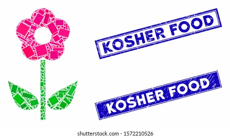 Mosaic flower plant icon and rectangle Kosher Food watermarks. Flat vector flower plant mosaic pictogram of scattered rotated rectangle items. Blue Kosher Food watermarks with scratched textures.