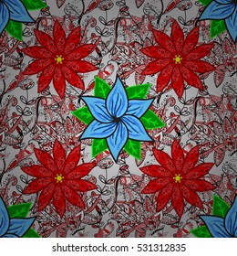 Mosaic flowers seamless pattern background. Red, white, blue. Vector.