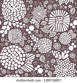 Mosaic flowers seamless vector background. Hand drawn white abstract florals and leaves on a purple background. Great for home decor, fabric, paper projects, web banners, packaging, card, fall