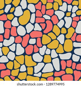 Mosaic flowers seamless vector background pattern. Hand drawn abstract florals coral, gray, yellow on blue background. Animal skin style. Great for home decor, fabric, web banner, packaging, cards.