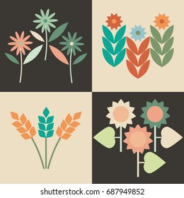 Mosaic flowers. Vector pattern with simple shape flowers.