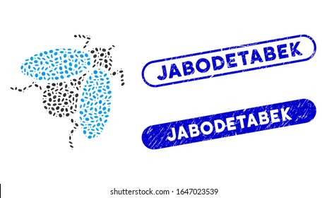 Mosaic fly insect and corroded stamp seals with Jabodetabek phrase. Mosaic vector fly insect is formed with scattered oval parts. Jabodetabek stamp seals use blue color,