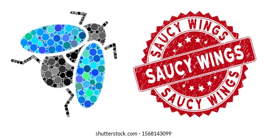 Mosaic fly insect and grunge stamp seal with Saucy Wings text. Mosaic vector is created with fly insect icon and with random spheric elements. Saucy Wings stamp seal uses red color,