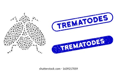 Mosaic fly insect and grunge stamp seals with Trematodes caption. Mosaic vector fly insect is created with scattered ellipse dots. Trematodes seals use blue color, and have round rectangle shape.