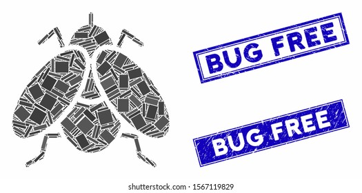 Mosaic fly insect icon and rectangle watermarks. Flat vector fly insect mosaic icon of scattered rotated rectangle items. Blue caption stamps with rubber textures.