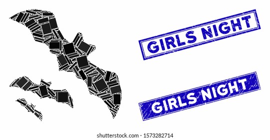 Mosaic flying bats icon and rectangular Girls Night rubber prints. Flat vector flying bats mosaic icon of scattered rotated rectangular items. Blue Girls Night seal stamps with grunge texture.