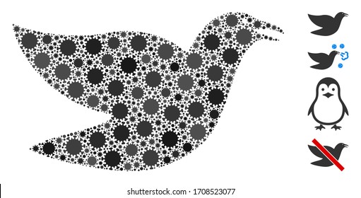 Mosaic flying bird constructed from covid-2019 virus elements in different sizes and color hues. Vector pathogen icons are organized into abstract mosaic flying bird icon. Some bonus icons are added.