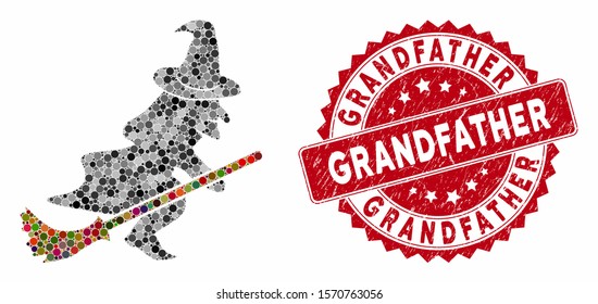 Mosaic flying witch and corroded stamp seal with Grandfather caption. Mosaic vector is composed with flying witch icon and with random circle spots. Grandfather stamp seal uses red color,