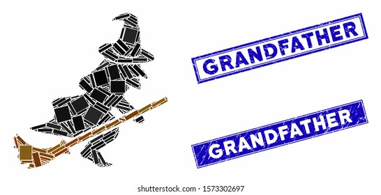 Mosaic flying witch pictogram and rectangular Grandfather seal stamps. Flat vector flying witch mosaic pictogram of scattered rotated rectangular items.