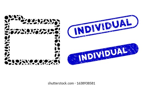 Mosaic folder and corroded stamp seals with Individual caption. Mosaic vector folder is composed with scattered elliptic dots. Individual stamp seals use blue color, and have round rectangle shape.