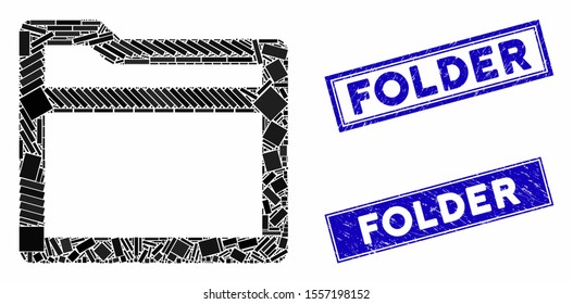 Mosaic folder icon and rectangle stamps. Flat vector folder mosaic icon of randomized rotated rectangle items. Blue caption stamps with rubber texture.