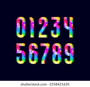 Mosaic font of colored pixel, trendy bright modern vibrant colorful numbers 0, 1, 2, 3, 4, 5, 6, 7, 8, 9, vector illustration 10eps.