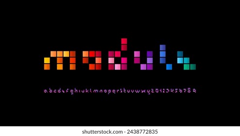 Mosaic font, pixeled alphabet, trendy letters and numbers made tile style, bright vector illustration 10eps