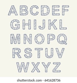 Mosaic font. Vector alphabet with latin letters. Crystal  texture font.
