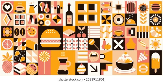 Mosaic food naive background. Brutal geometric shapes. Minimalistic postmodern abstract shapes, swiss banner design, basic geometry, modern primitive blocks, art nouveau elements.