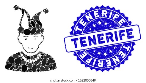 Mosaic fool icon and grunge stamp watermark with Tenerife text. Mosaic vector is designed with fool icon and with scattered ellipse spots. Tenerife stamp uses blue color, and grunge design.