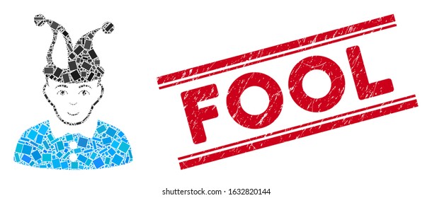Mosaic fool icon and red Fool stamp between double parallel lines. Flat vector fool mosaic icon of random rotated rectangular elements. Red Fool rubber stamp with grunged texture.