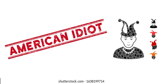 Mosaic fool pictogram and red American Idiot stamp between double parallel lines. Flat vector fool mosaic pictogram of scattered rotated rectangle elements.