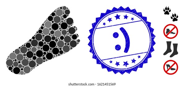 Mosaic foot icon and rubber stamp seal with :) caption. Mosaic vector is created with foot pictogram and with randomized round elements. :) stamp uses blue color, and rubber design.
