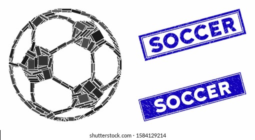 Mosaic football ball icon and rectangular Soccer seals. Flat vector football ball mosaic icon of scattered rotated rectangular elements. Blue Soccer seals with grunge textures.