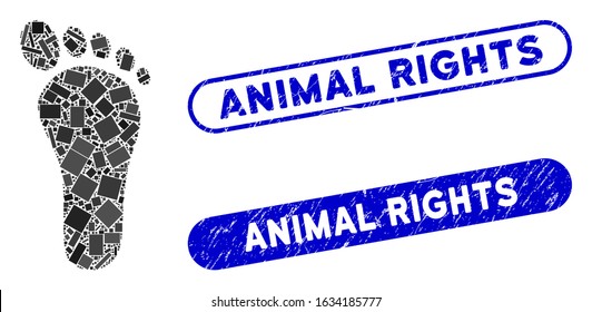 Mosaic footprint and rubber stamp seals with Animal Rights text. Mosaic vector footprint is formed with scattered rectangle items. Animal Rights stamp seals use blue color,