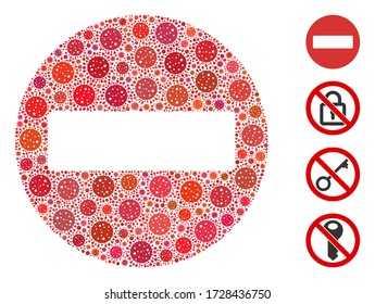 Mosaic forbidden access composed of coronavirus icons in variable sizes and color hues. Vector pathogen parts are grouped into abstract mosaic forbidden access icon. Some bonus icons are added.