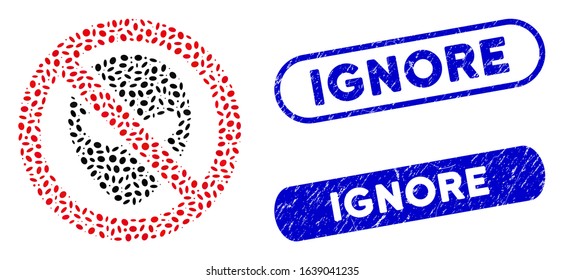 Mosaic forbidden alien and corroded stamp seals with Ignore phrase. Mosaic vector forbidden alien is designed with randomized oval dots. Ignore stamp seals use blue color,