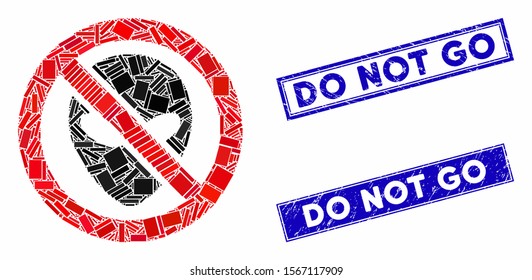 Mosaic forbidden alien pictogram and rectangle seals. Flat vector forbidden alien mosaic pictogram of random rotated rectangular elements. Blue caption rubber seals with rubber surface.