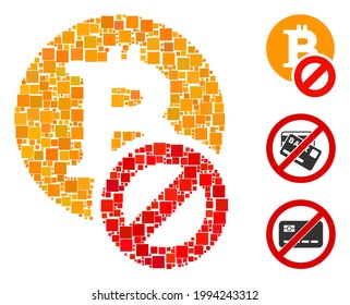 Mosaik Verbotenes Bitcoin Symbol, das aus quadratischen Elementen in verschiedenen Größen und Farbtönen entworfen wurde. Vektorquadratische Elemente sind in abstraktes Mosaik-verbotenes Bitcoin-Symbol gruppiert. Bonuspiktogramme werden platziert.