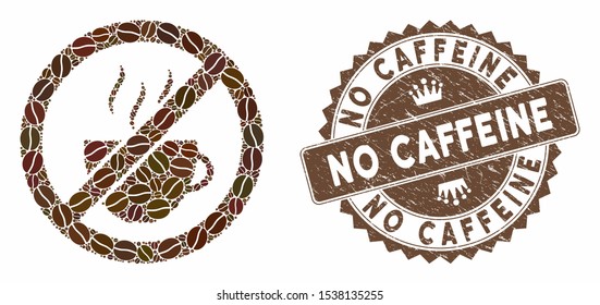 Mosaic forbidden coffee and corroded stamp watermark with No Caffeine phrase. Mosaic vector forbidden coffee is created with seeds. No Caffeine stamp uses brown color.