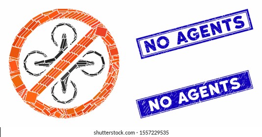 Mosaic forbidden copter icon and rectangular stamps. Flat vector forbidden copter mosaic icon of random rotated rectangular elements. Blue caption stamps with scratched texture.