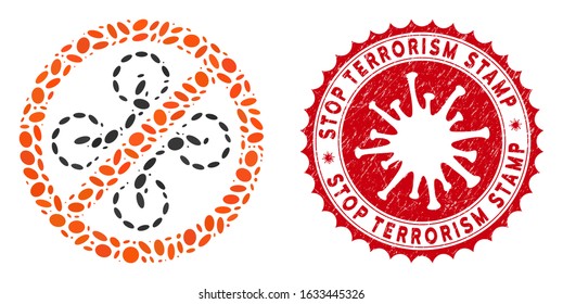 Mosaic forbidden copter icon and red round distressed stamp seal with Stop Terrorism text and coronavirus symbol. Mosaic vector is designed with forbidden copter icon and with random elliptic spots.