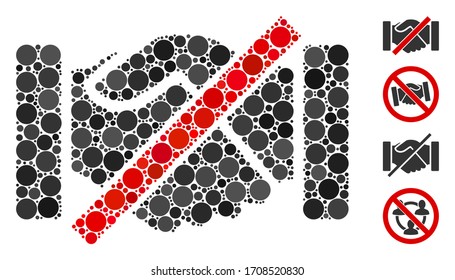 Mosaic Forbidden handshakes icon constructed from round items in variable sizes, positions and proportions. Vector circle items are composed into abstract mosaic forbidden handshakes icon.