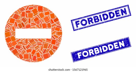 Mosaic forbidden icon and rectangular rubber prints. Flat vector forbidden mosaic icon of randomized rotated rectangular items. Blue caption stamps with scratched surface.
